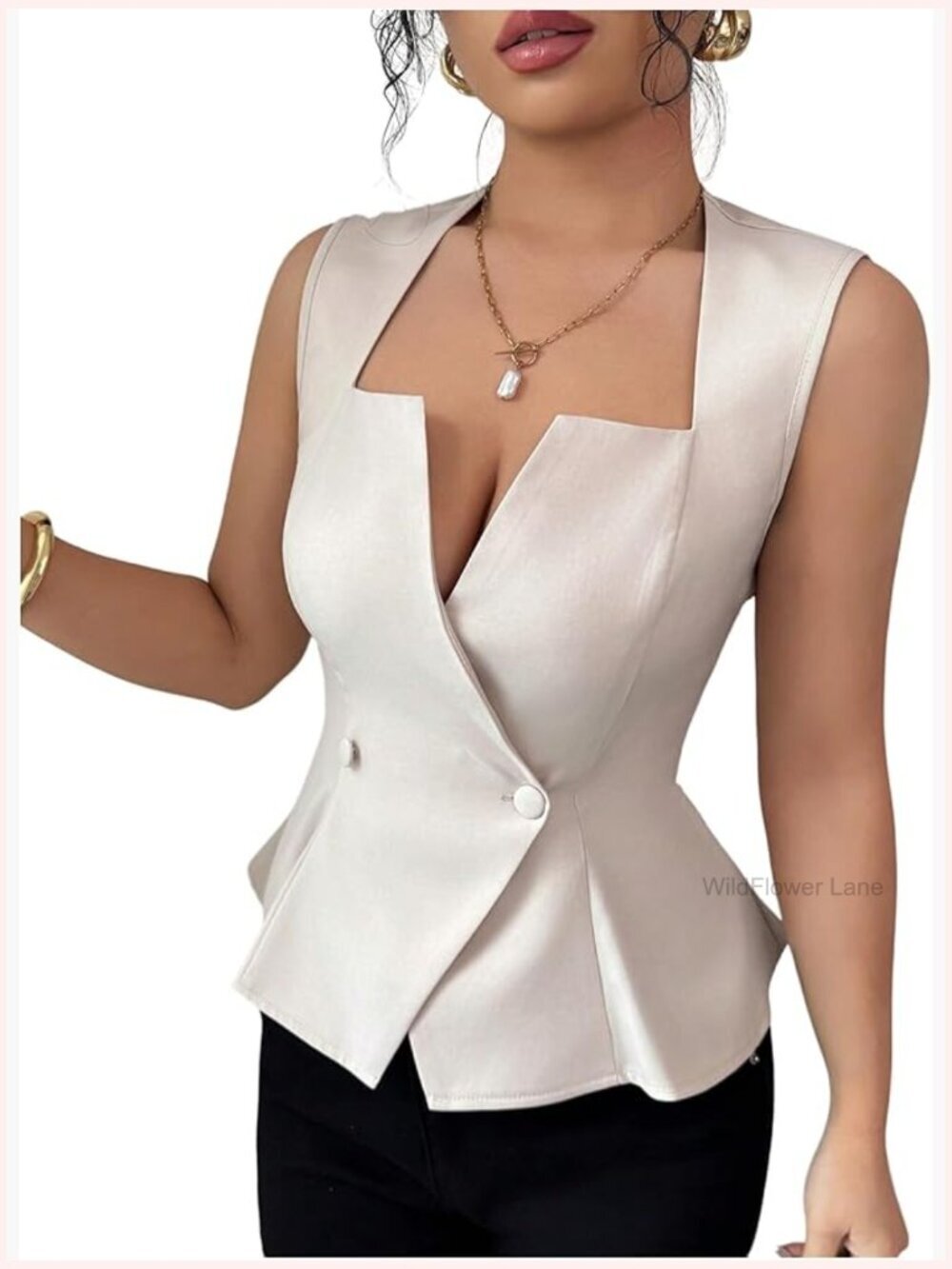 Sleeveless Wrap Front Blouse Notched Neck Flared Hem Business Casual Top